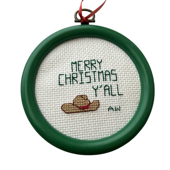 Vtg Cross Stitch Christmas Ornament “Merry Christmas Y’all” Round Frames 4” - Picture 2 of 6